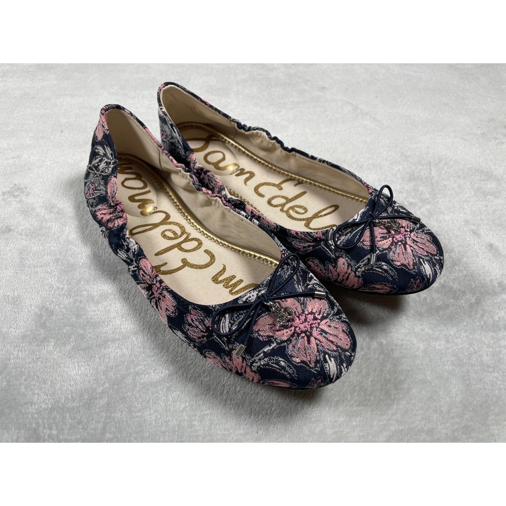 Sam Edelman Felicia Ballet Flats Women's 8.5 Navy Pink Floral Jacquard Bow Shoes - Picture 2 of 15